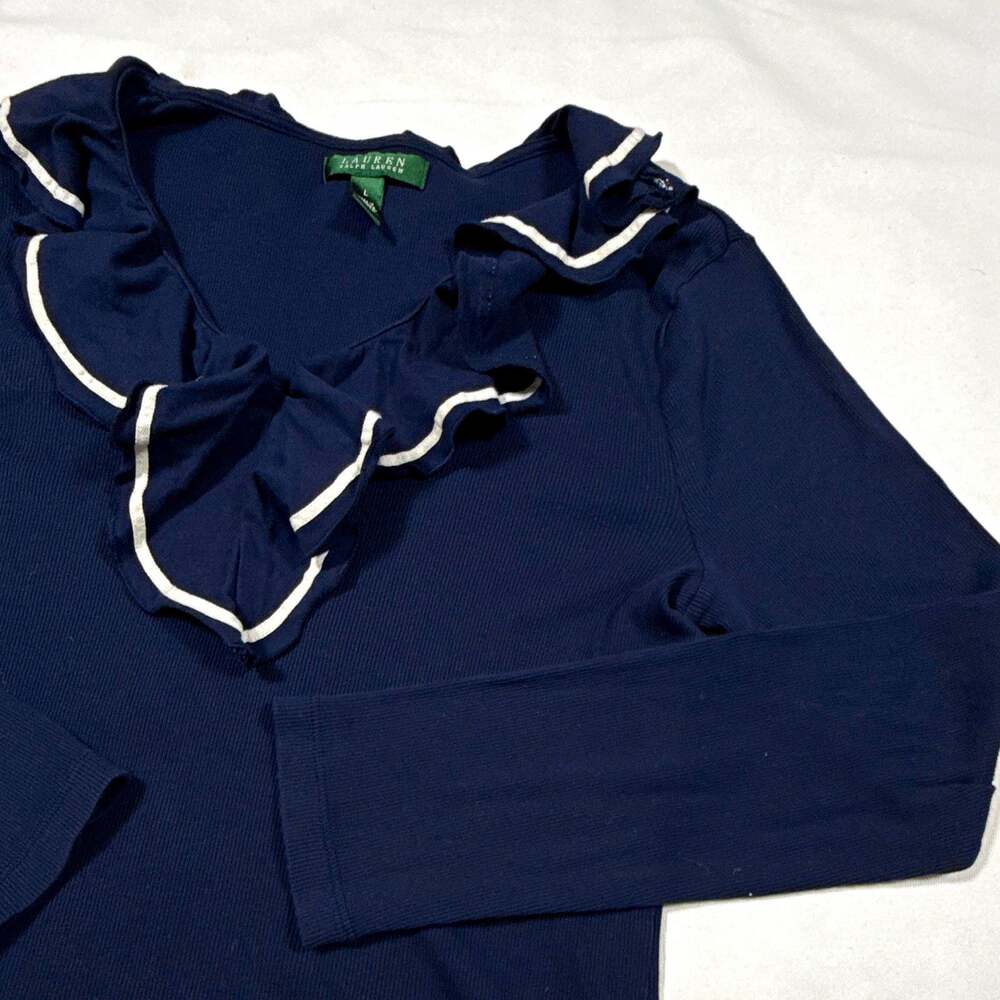 Lauren Ralph Lauren Women’s Blue Solid Knit Cotton Ruffle Neck Pullover Top L